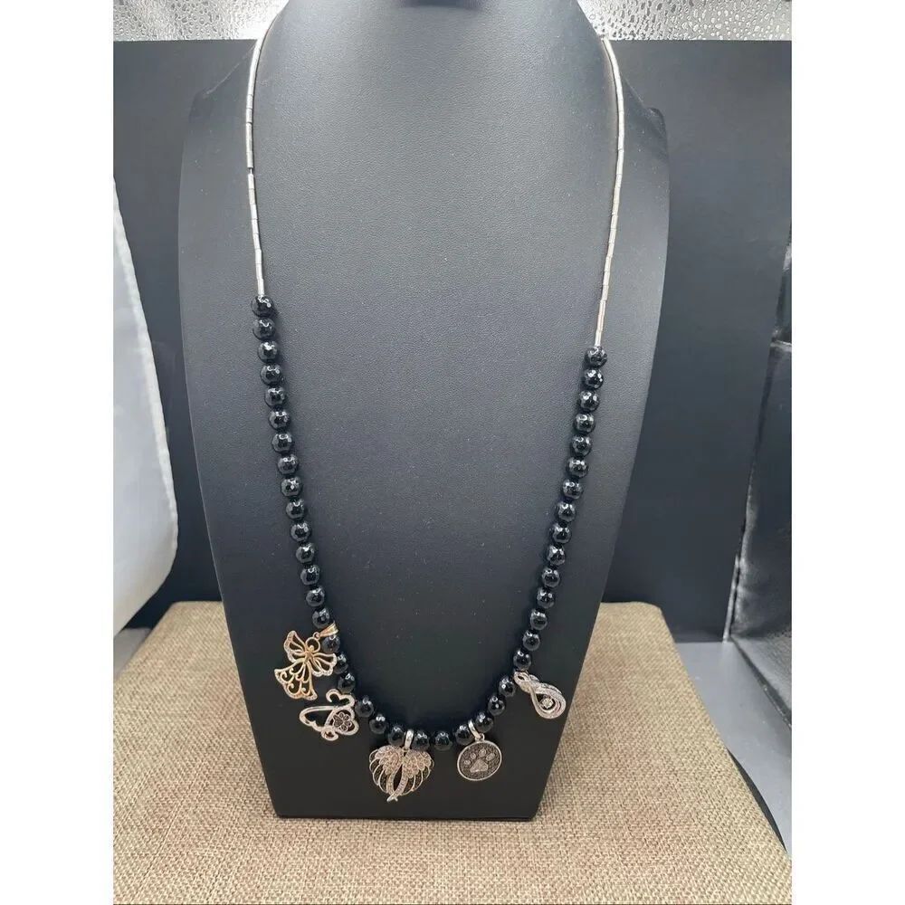 Black Faceted Bead Charm Necklace with Angel Wings, Heart, Paw Print & Butterfly